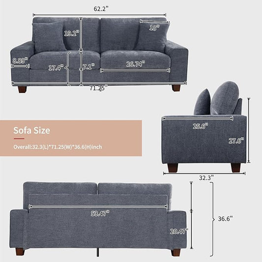DOPEDIO Modern Loveseat Sofa for Living Room,Chenille Recliner, Removable Cover, Spring Cushions, Solid Wood Frame, Easy Assembly for Small Spaces (71.25inch，Blue)