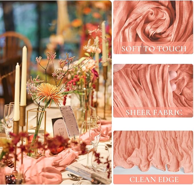 10 Pack Coral Peach Cheesecloth Table Runner 10FT Sheer Coral Cheese Cloth Table Runners Boho Gauze 120 Inches Table Decorations for Wedding Bridal Baby Shower Fall Thanksgiving Decor
