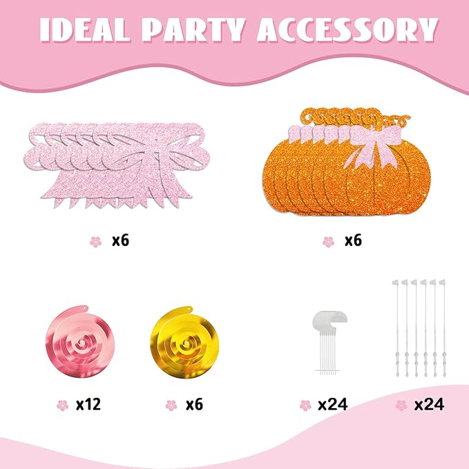 30pcs Pink Bow Pumpkin Hanging Swirls, Little Pumpkin Hanging Decoration for Girl, Thanksgiving Baby Shower Foil Ceilling Decor, Autumn Fall Gender Reveal Party Favors - Orange Glitter