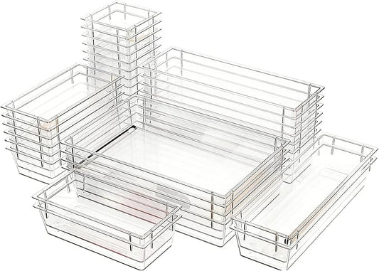 Clear Acrylic Drawer Organizer Trays, 5 Size Junk Box Organization Small Storage Container Bin for Desk Makeup Bathroom Vanity Kitchen Tool Make Up Workspace Home Dorm Apartment Office Room Nightstand