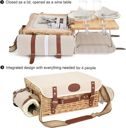 Multifunctional Wicker Picnic Basket Set for 4 with Blanket and Picnic Table, Insulated Picnic Set with Full Tablewares for Camping Outdoor Couples,Natural