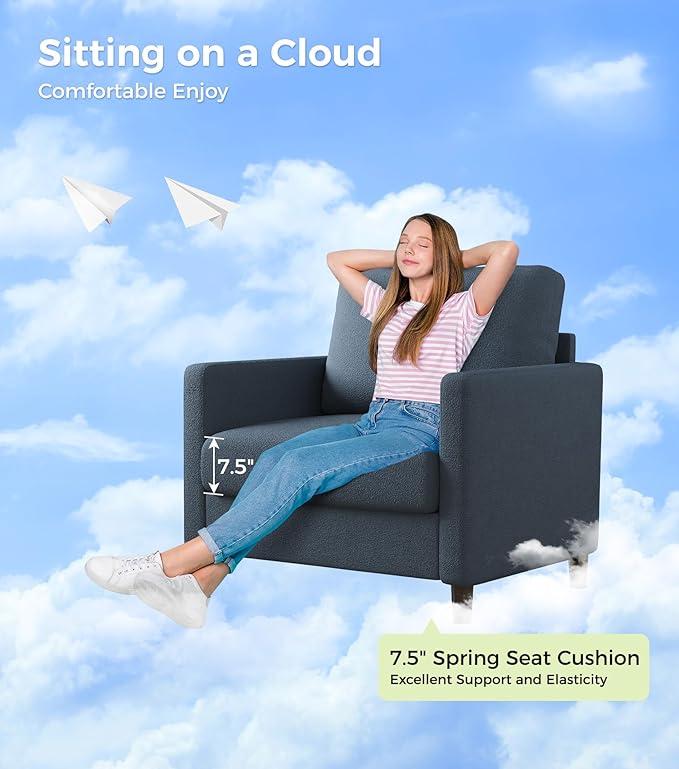 Sofa Accent Chair, 33" Reading Chair for Bedroom, Tool-Free Setup Living Room Accent Chairs, Comfy Arm Chairs Living Room, All-Wood Reading Nook, Slate Blue