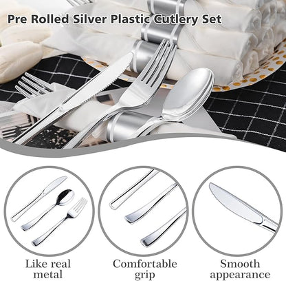 N9R 75 Pack Pre Rolled Silver Plastic Cutlery Set, 75 Pieces (75 Forks, 75 Knives, 75 Spoons, 75 Napkins), Disposable Silverware Set for Party, Wedding, Modern Style
