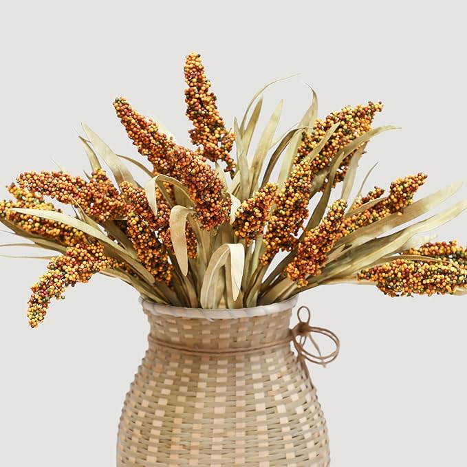 KBREE 16" Artificial Fall Grain Bundles for Thanksgiving Decoration, 4 Packs Rustic Harvest Sheaves with Aged Leaves, Faux Grain Bouquets for Thanksgiving Table Centerpiece, Farmhouse Decor (Amber)