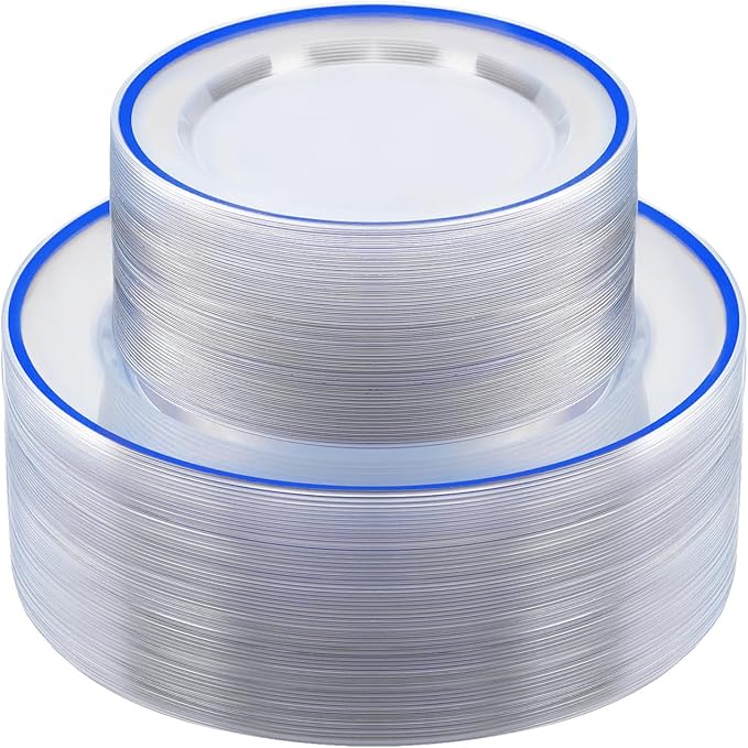 BESTSTAR 100PCS Blue and Clear Plastic Plates, Disposable Plate Set with 50 Dinner Plates and 50 Dessert Plates for Party, National Day, Memorial Day