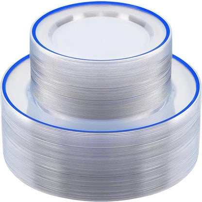 BESTSTAR 100PCS Blue and Clear Plastic Plates, Disposable Plate Set with 50 Dinner Plates and 50 Dessert Plates for Party, National Day, Memorial Day