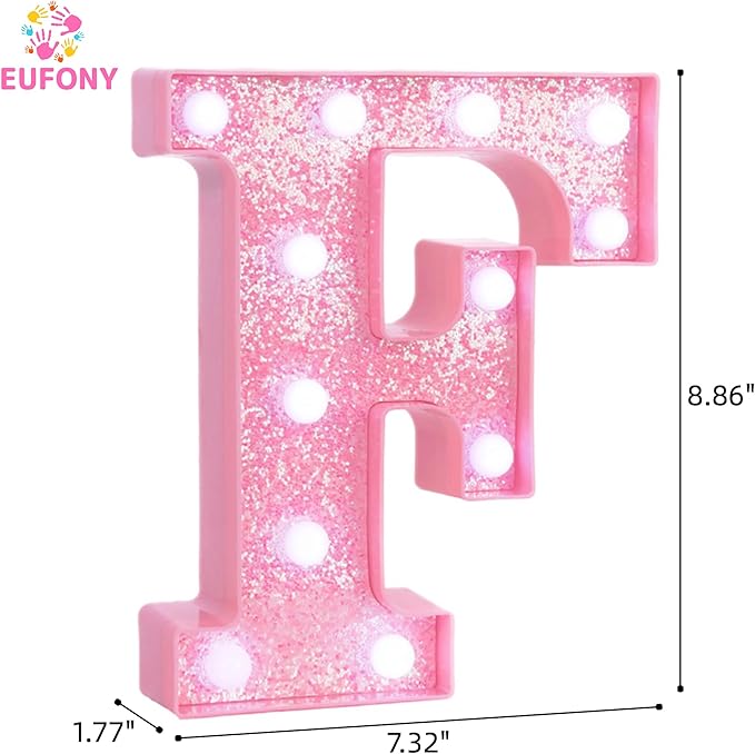 Pink LED Marquee Light Up Letters, Glitter Alphabet Letter Lights for Birthday Party Decorations, Battery Operated Letter Signs for Girls Room Table Decor, Pink letter F with Cool White Lights