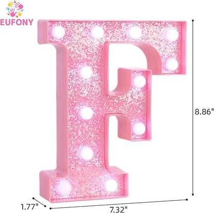 Pink LED Marquee Light Up Letters, Glitter Alphabet Letter Lights for Birthday Party Decorations, Battery Operated Letter Signs for Girls Room Table Decor, Pink letter F with Cool White Lights