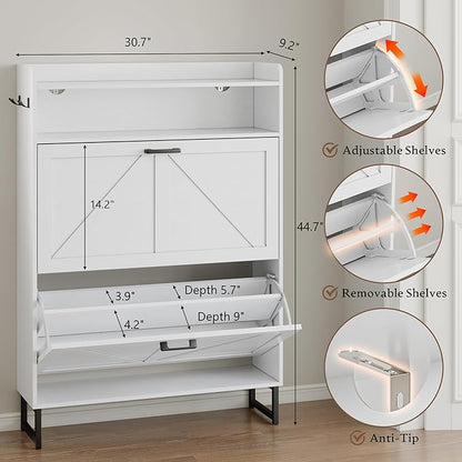 Shoe Cabinet with 2 Flip Drawers Narrow Shoe Storage Cabinet Organizer Wooden Freestanding Shoe Rack Hidden Slim Shoes Storage Cabinet for Entryway, Hallway, Bedroom