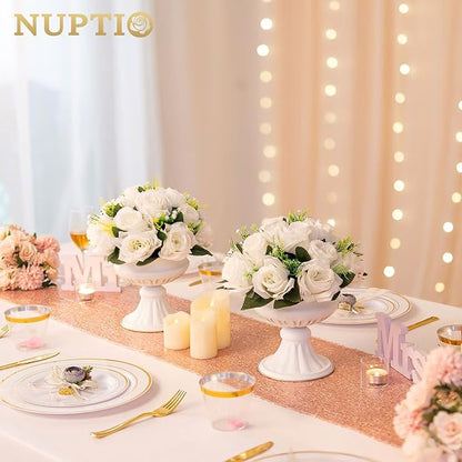 NUPTIO White Flower Centerpieces for Tables: Artificial Flower Ball Arrangement for Wedding Party - 2 Pcs 9.5 Inch Diameter Fake Floral Rose for Bridal Shower Decorations