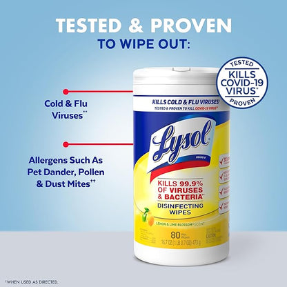 Lysol Disinfecting Wipes Bundle, Home Apartment Dorm Room Essentials and Cleaning Supplies, All Purpose Cleaner, Multi-surface Cleaning Wipes, Lemon and Lime Sanitizing Wipes Bundle, 80 Count