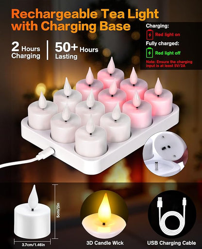 YAUNGEL 12 Pcs Rechargeable Tea Lights with Remote Timer and Charging Base, LED Flickering Flameless Tealight Candles Battery Operated for Halloween Christmas Wedding Home Decor