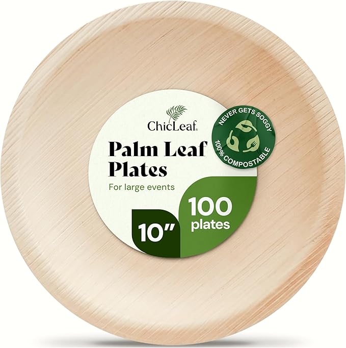 Chic Leaf Round Palm Leaf Plates - 10", Pack of 100 - Durable Party Pack - Thanksgiving Dinner Eco Friendly Party Supply & Wedding Plates - For Charcuterie Board Accessories