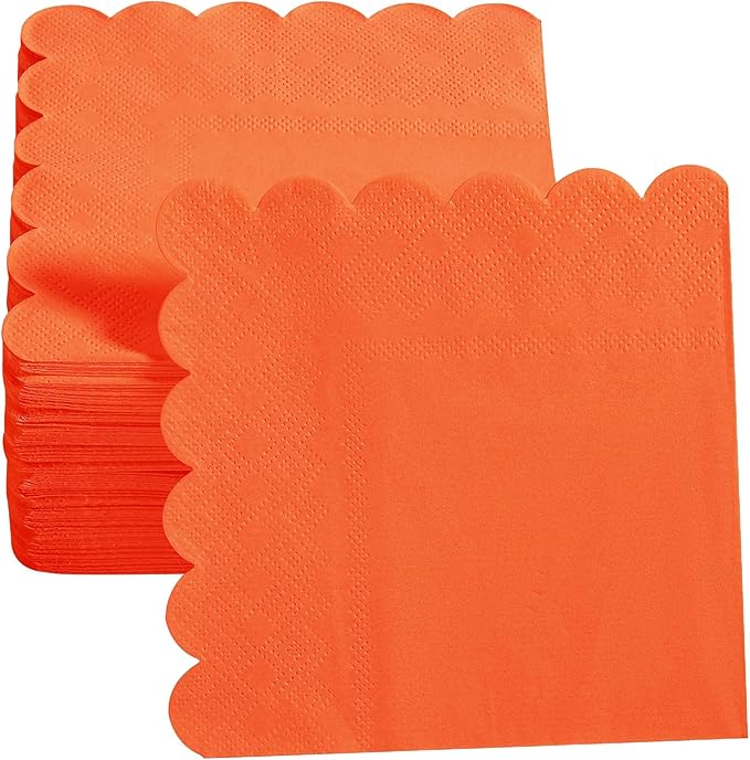 200 Pack Cocktail Napkin 2-Ply Scalloped Edged Dessert Napkins Folded 5 x 5 Inches Disposable Napkins for Dinner Wedding Birthday Party Bridal Anniversary Reception Event (Orange)