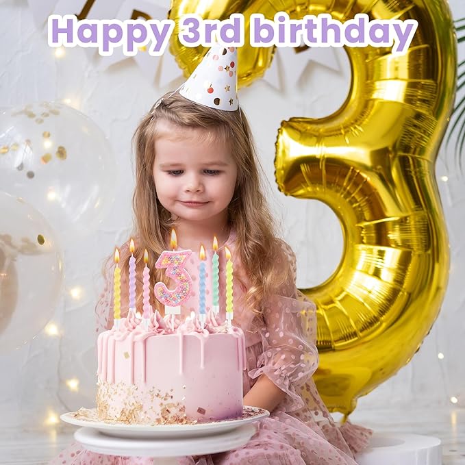 MTLEE Number 3 Birthday Candle with 12 Pcs Spiral Candles for Girls Macaron Pastel Rainbow Unicorn Pink Cake Topper for Sweet Theme Party Decoration