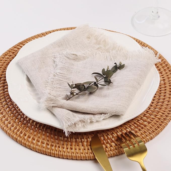 Handmade Cloth Napkins with Fringe,18 x 18 Inches Cotton Linen Napkins Set of 12 Versatile Handmade Square Rustic Fringe Napkins for Dinner, Wedding and Parties, Natural Linen