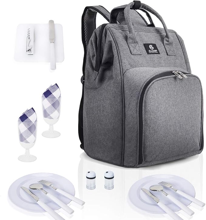 ALLCAMP OUTDOOR GEAR Picnic Backpack for 2 Person W/ Fleece Blanket, Plates and Cutlery Set