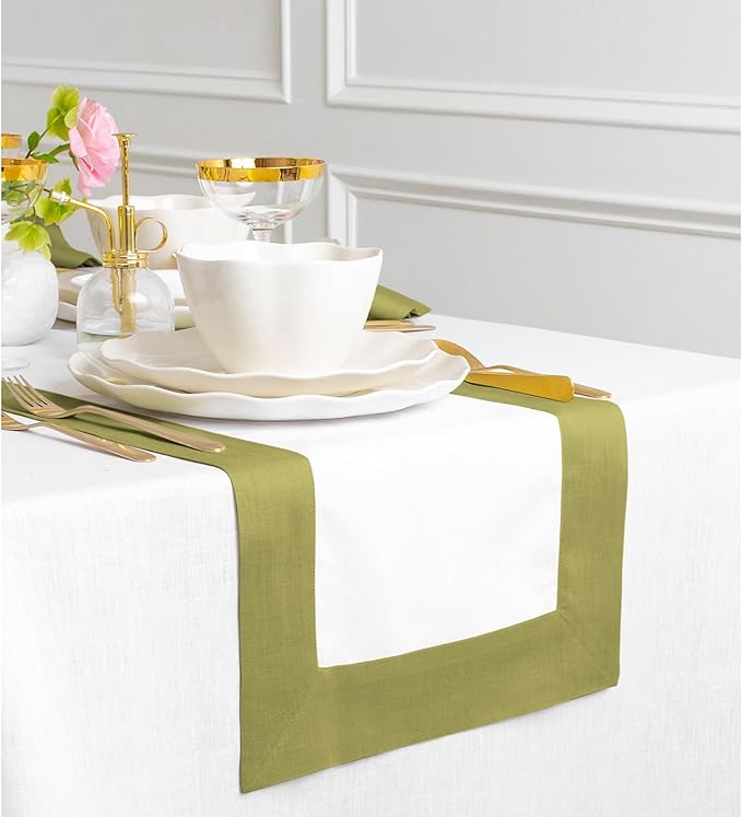 Solino Home Linen Table Runner 120 Inches Long - 100% Pure Linen Avocado and White Dining Table Runner 14 x 120 Inch for Fall, Autumn, Thanksgiving, Winter - Contempo