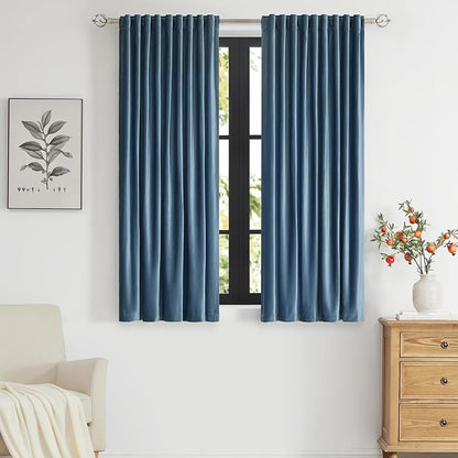 PRIMROSE Velvet Curtains 63 inch Long for Living Room,Set of 2 Panels Stone Grayish Blue Blackout Rod Pocket Back Tab Window Treatment Room Darkening Heavy Decorative Curtains Drapes for Bedroom