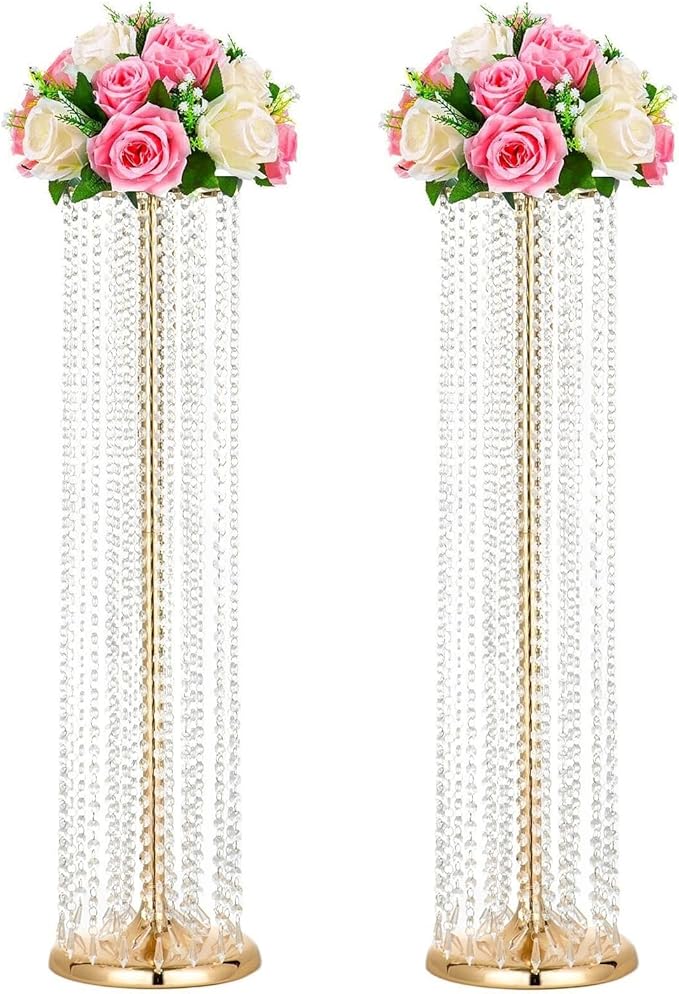 2Pcs 35.43in Tall Metal Wedding Centerpieces with Chandelier Acrylic Crystals Flower Stand, Elegant Wedding Centerpiece Decoration Leads Road Stands for Wedding Party Dinner Event Hotel Home Décor
