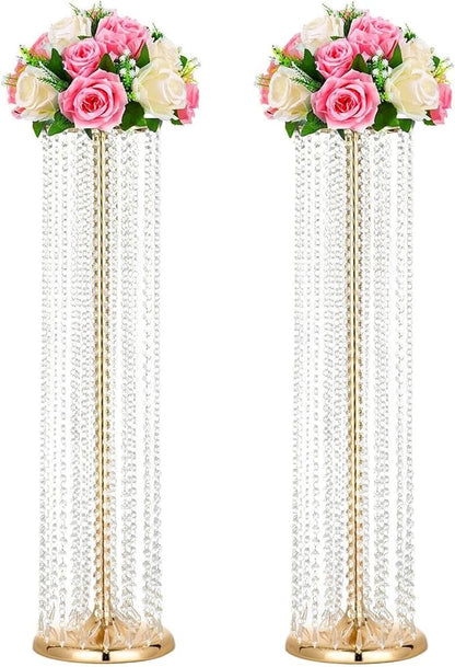 2Pcs 35.43in Tall Metal Wedding Centerpieces with Chandelier Acrylic Crystals Flower Stand, Elegant Wedding Centerpiece Decoration Leads Road Stands for Wedding Party Dinner Event Hotel Home Décor