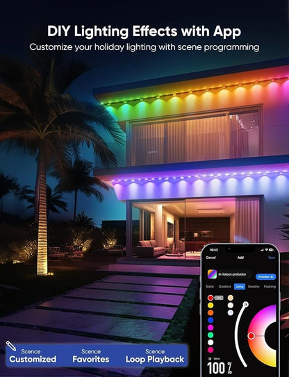 APPECK Permanent Outdoor Lights Pro 150ft, 108W RGBCW Eaves Lights with 108 LED Lights, 80lm, Cuttable, 111 Scene Modes, IP67 Waterproof Lighting for Christmas Decoration, Work with Alexa, White