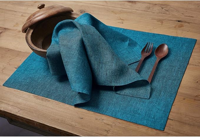 Solino Home Linen Placemats Set of 4 - Chambray Teal Placemats 14 x 19 Inch - 100% Pure Linen Table Mats for Fall, Autumn, Thanksgiving - Athena