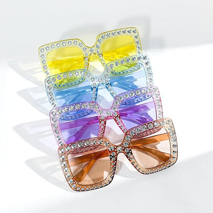 Pibupibu 4/8/16 Pack Colorful Bling Crystal Sunglasses Oversized Square Glitter Rhinestone Sunglasses for Women Party Favors