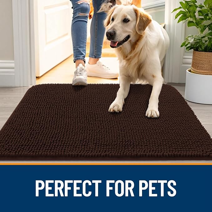 OLANLY Dog Door Mat for Muddy Paws 54x24, Absorbs Moisture and Dirt, Absorbent Non-Slip Washable Doormat, Quick Dry Chenille Mud Mat for Dogs, Entry Indoor Entryway Carpet for Inside Floor, Brown
