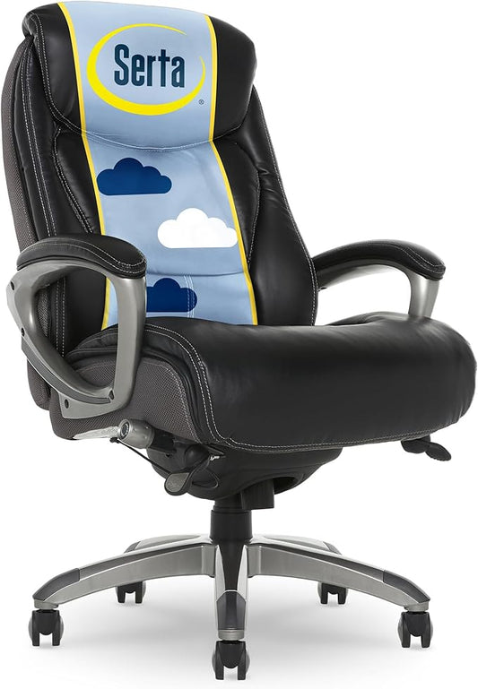 Serta Lautner Executive Home Office Desk Chair, Ergonomic High-Back with Adjustable Lumbar & Body Pillows, SmartLayers and ComfortCoils Technology, Mesh and Bonded Leather, Black/ Gray