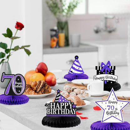 Happy 70th Birthday Decorations,70th Bday Purple Glitter Shiny Stand Honeycomb Table Centerpieces - Cheers to Seventy Years Old Birthday Party Photoprop Gift Sign.