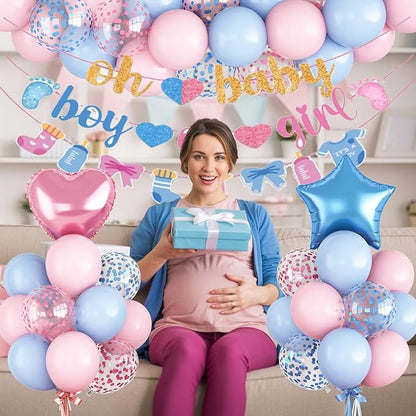 Gender Reveal Decorations Pink Blue Boys or Girls Balloon Set with Star Heart Foil Confetti Balloons Oh Baby Bunting Banner Socks Bottle Paper Garland Pastel Pink Blue Baby Shower Party Decor Kit