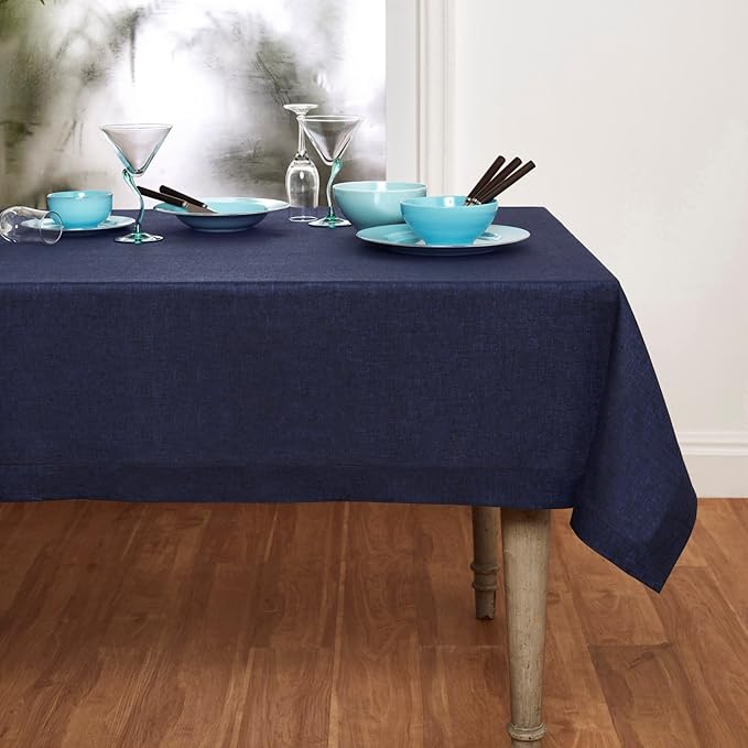 Solino Home Linen Square Tablecloth 52 x 52 Inch - 100% Pure Linen Chambray Navy Table Throw - Athena, Machine Washable Tablecloth for Fall, Autumn, Winter