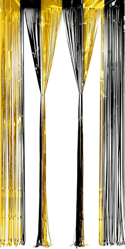BRAVESHINE 3.2 x 8.2ft Black Gold Foil Fringe Curtains - 2 Pack Metallic Photo Booths Party Streamers Backdrop for New Years/Boy/Men/Birthdays/Engagement/Homecoming/Farewell/Prom/Christmas Decorations