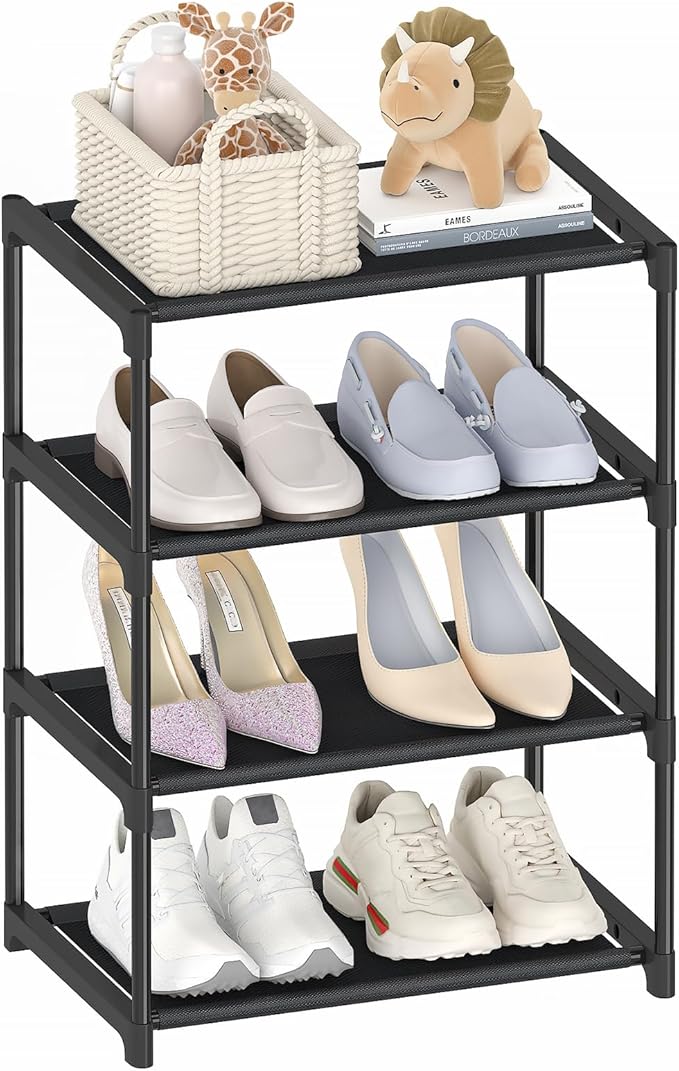 4 Tier Extra Small Shoe Rack (16.3" Wide), Narrow Stackable Kids Toddler Adult Shoe Storage Organizer Shelf for Closet Floor Entryway Bedroom, Space Saver Shoe Rack Organization Shelves