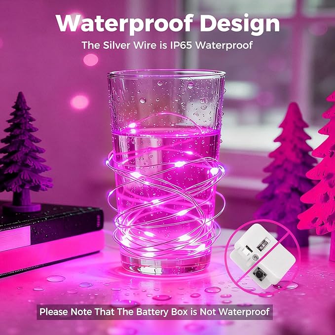 litogo 30 Pack 7FT 20 LED Fairy Lights Battery Operated, 3 Lighting Modes, Bulk Mini Twinkle String Lights Waterproof Silver Wire for Weddings Mason Jars Party Christmas Decorations-Pink