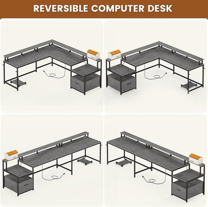 SEDETA L Shaped Desk, 66" Home Office Desk with Wood File Drawer & Power Outlet, Gaming Desk with Led Lights, Corner Computer Desk with Monitor Shelf, Printer Storage Shelves, Two Person Desk, Grey