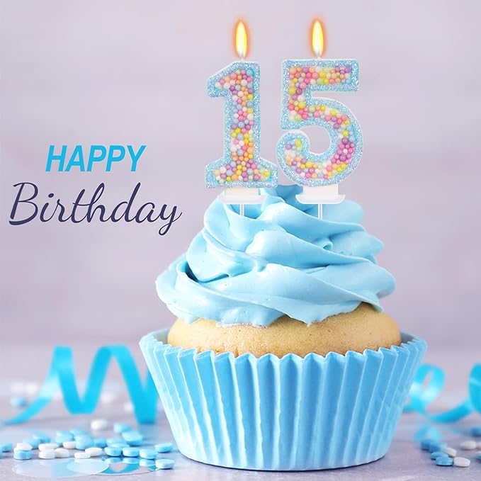 Blue Birthday Candles - Number 15 Candle, Colorful Macaron Candles, 15 Birthday Decorations for Girls Boys, Cake Decorations, Theme Party Supplies (Blue)