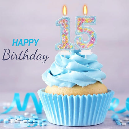 Blue Birthday Candles - Number 15 Candle, Colorful Macaron Candles, 15 Birthday Decorations for Girls Boys, Cake Decorations, Theme Party Supplies (Blue)