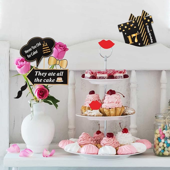 LINGTEER Happy 17th Birthday Party Photo Booth Props,Cheers to 17th Birthday Seventeen Years Old Bday Party Centerpieces Props Decorations Sign.