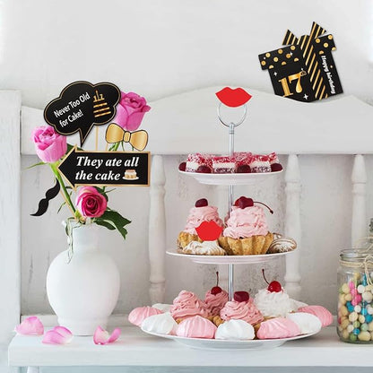 LINGTEER Happy 17th Birthday Party Photo Booth Props,Cheers to 17th Birthday Seventeen Years Old Bday Party Centerpieces Props Decorations Sign.
