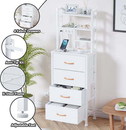 Furnulem Tall Night Stand, 52.1 Inch LED Nightstand with Charging Station and USB Ports, 4 PVC Fabric Drawers and 4 Tier Storage Shelf, Bedside Table for Bedroom, Dorm, Office (White)