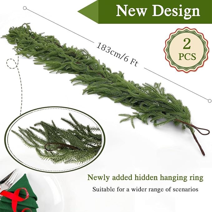 2PSC Christmas Norfolk Pine Garland, 6 FT Real Touch Garlands Ornament, Realistic Artificial Greenery Garlands for Mantle, Table, Fireplace, Indoor, Outdoor Winter Xmas Decoration, Holiday Decor