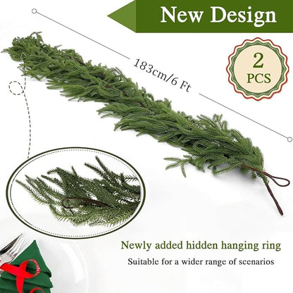 2PSC Christmas Norfolk Pine Garland, 6 FT Real Touch Garlands Ornament, Realistic Artificial Greenery Garlands for Mantle, Table, Fireplace, Indoor, Outdoor Winter Xmas Decoration, Holiday Decor