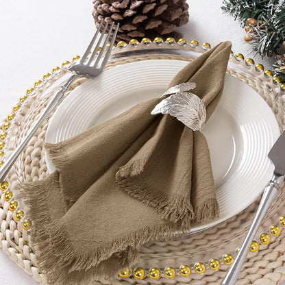 12 Pack Nude Cotton Linen Napkins with Fringe Christmas Cloth Napkins Set of 12 Boho Handmade Holiday Napkins Bulk for Wedding Baby Shower Xmas Dinner Table Parties, 17 x 17 Inches