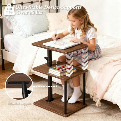 Swivel Side Table for Couch Arm, Adjustable C End Table for Recliner or Bed, Tv Trays with Storage Shelf for Small Spaces Small Nightstand Table for Living Room, Bedroom，Walnut 2pc