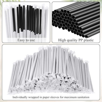 Hoolerry 2000 Pcs 8 Inch Plastic Straws Disposable Individually Wrapped Drinking Straight Long Straws, 0.24" Wide, for Hot and Cold Beverages (Black)