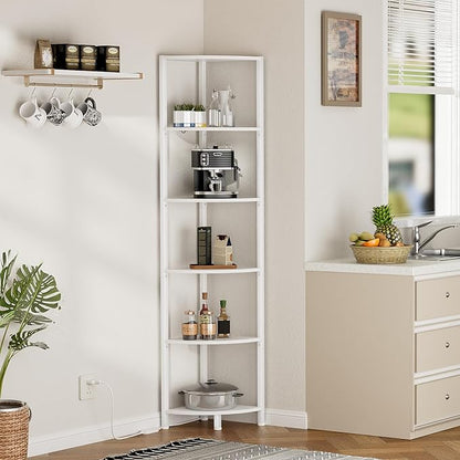 Furnulem 6 Tier Corner Shelf with LED Light, 67.5” Tall Standing Shelf Organizer, White Narrow Bookshelf with Storage Rack for Wall Corner, Living Room, Bedroom, Metal Frame, Wood Display Shelf