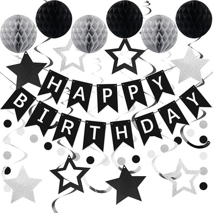 meowtastic Birthday Decorations, Happy Birthday Banner with Honeycomb Balls, Star Hanging Swirl Streamer, Circle Dot Garland, Happy Birthday Party Decoration for Women Men Boys Girls (Black & Silver)