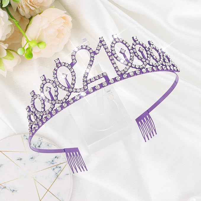 CIEHER Purple 21st Birthday Tiara and Sash, 21st Birthday Crown